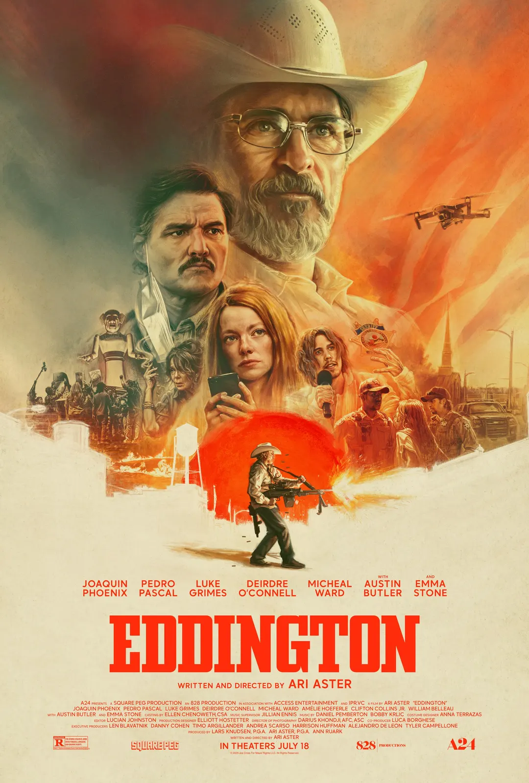 Filmplakat zu „Eddington“: Mehrere Figuren vor einem orangefarbenen Wüstenhimmel, darunter ein bärtiger Mann mit Cowboyhut und Brille, ein Mann mit Schnurrbart und eine rothaarige Frau. Im Vordergrund läuft ein bewaffneter Sheriff vor einer roten Sonne; darunter steht der Filmtitel „EDDINGTON“ in großen roten Western-Lettern.