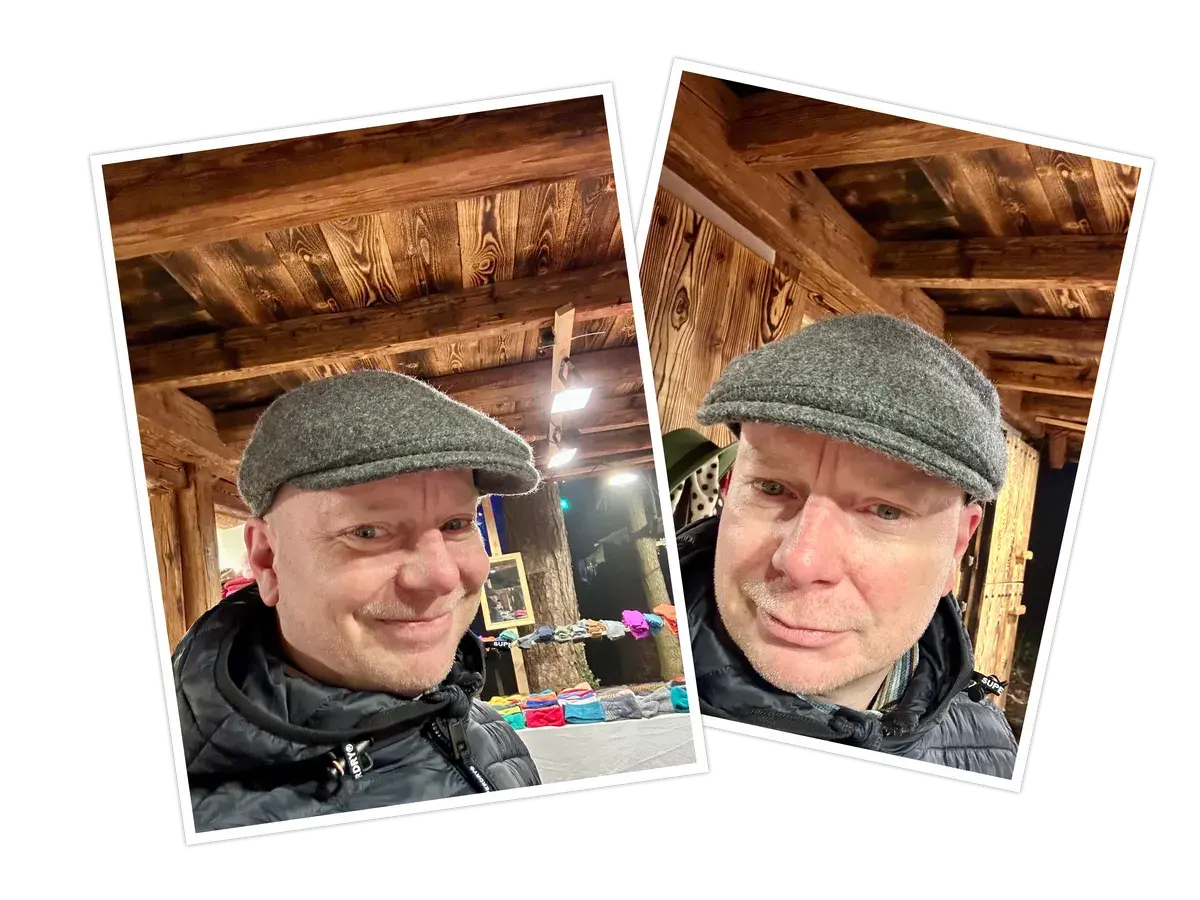 Zwei Porträtfotos von René Fischer mit grauer Schiebermütze und dunkler Winterjacke vor einem rustikalen Hintergrund mit Holzbalken.