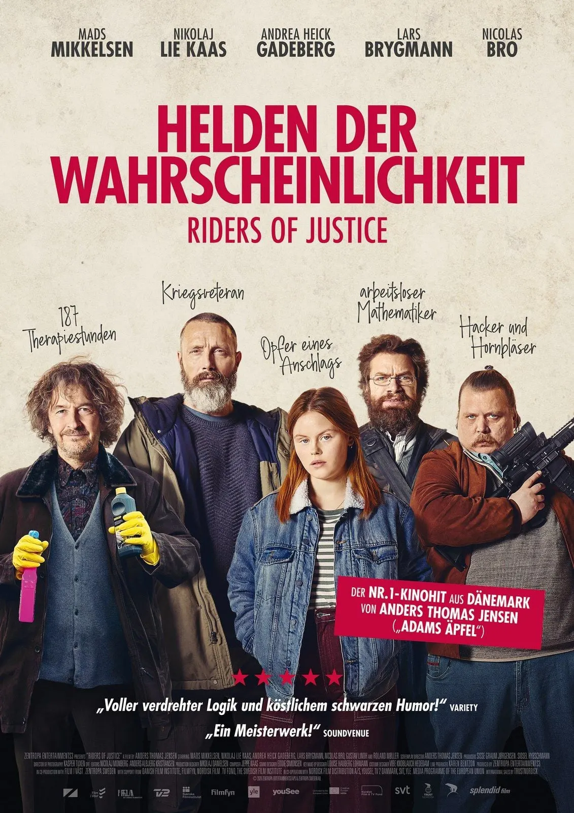 Filmplakat zu „Helden der Wahrscheinlichkeit“ mit fünf Figuren vor hellem Hintergrund, rotem Titeltext und Zitaten; ein Mann hält eine Waffe.