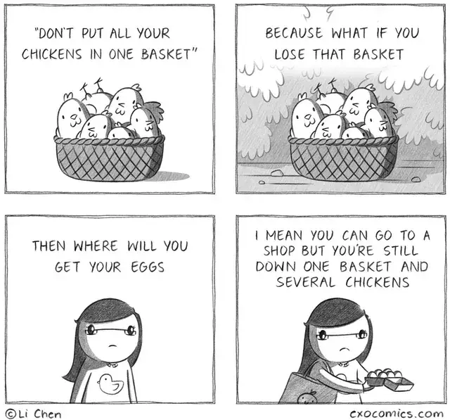 Four-panel comic featuring a person discussing the phrase "Don't put all your chickens in one basket." The first panel shows chickens in a basket, the second expresses concern about losing the basket, the third questions where to get eggs, and the fourth depicts the person looking thoughtful, emphasizing they still have one fewer basket and several chickens.