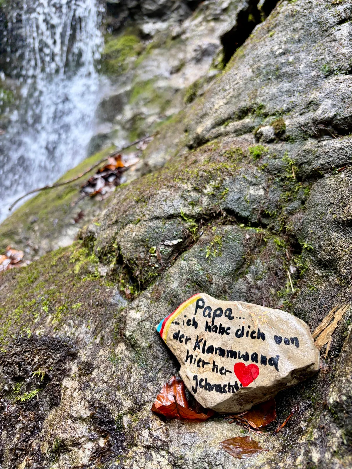 Bemalter Stein mit der Aufschrift „Papa, ich habe dich von der Klammwand hierher geschubst“ und rotem Herz auf moosigem Felsen neben einem Wasserfall