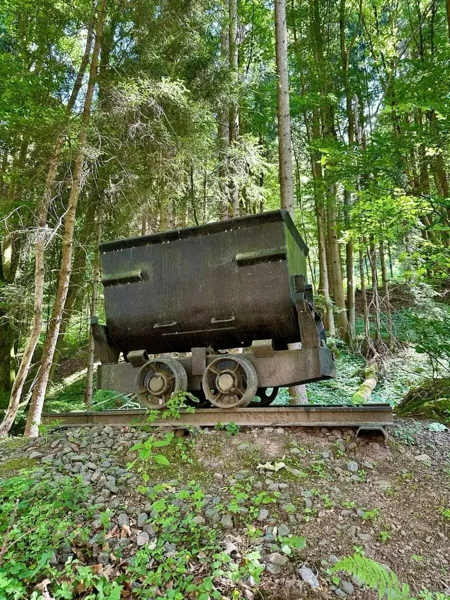 Eine alte Lore steht auf Schienen im Wald.
