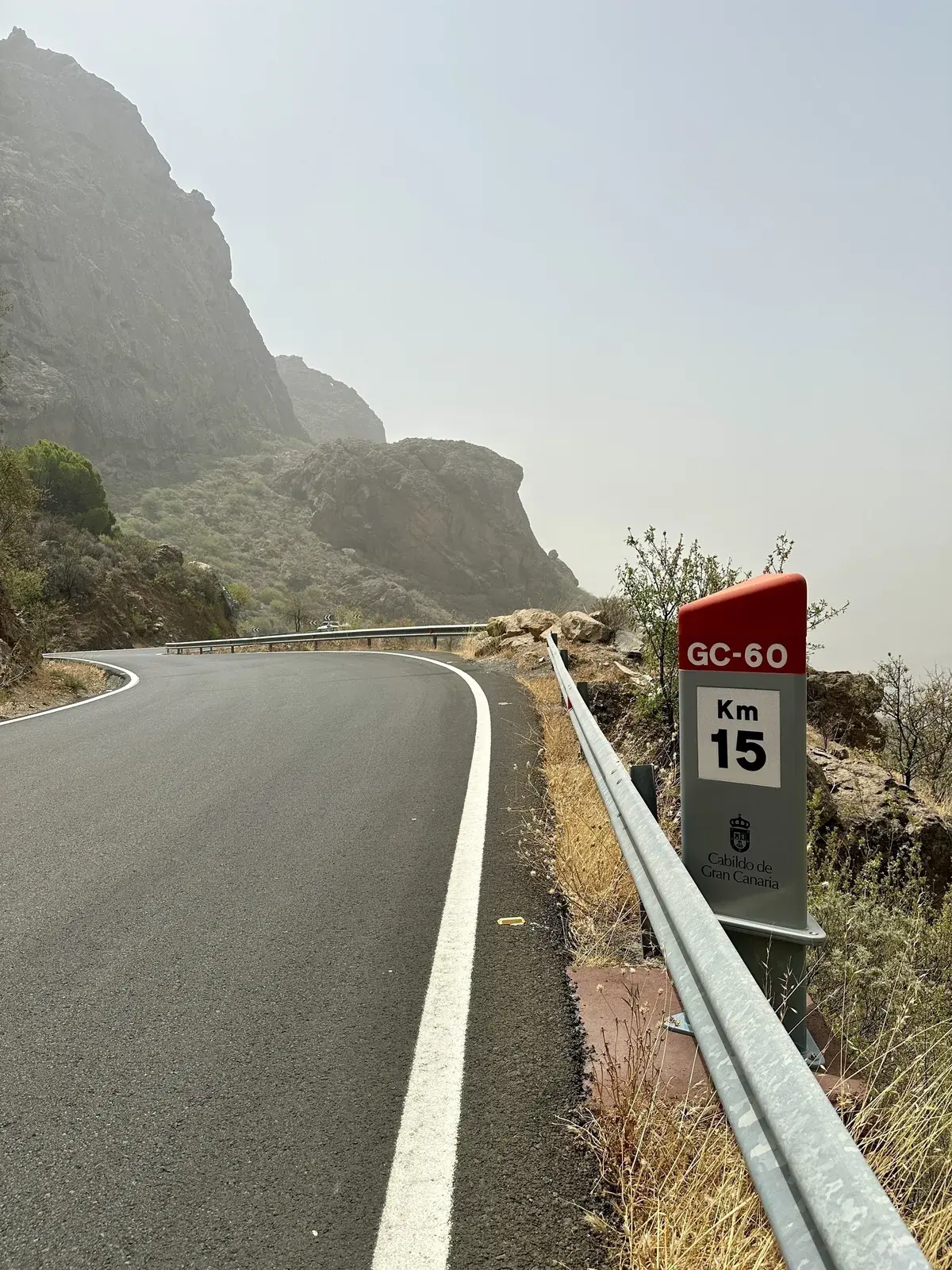 Eine kurvenreiche Bergstraße auf Gran Canaria führt an einem Kilometerstein vorbei, umgeben von karger Landschaft und Felsen.