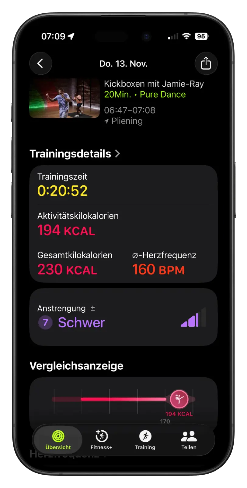 Ein Fitness-Tracking-Bildschirm zeigt Daten einer Kickbox-Einheit, einschließlich Trainingszeit, verbrauchter Kalorien und Herzfrequenz.