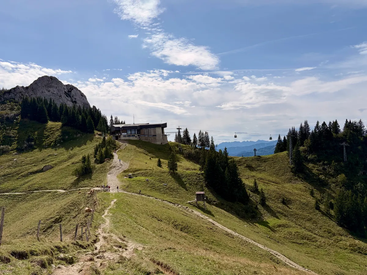 Bergwanderweg über Almwiesen zur Taubensteinbahn-Bergstation, links ein Felsgipfel und Nadelwald, im Hintergrund Berge unter blauem Himmel mit Wolken