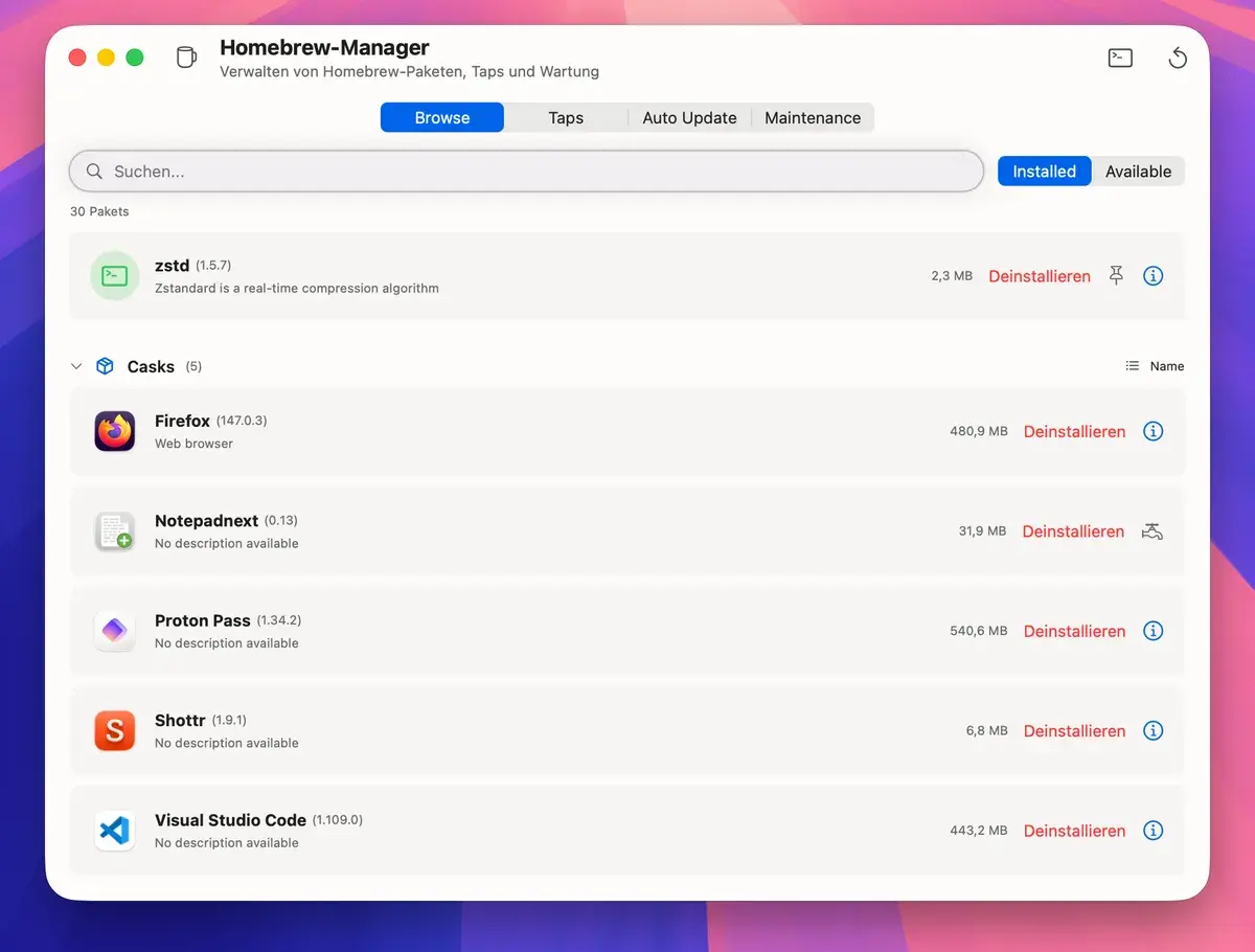 Die Benutzeroberfläche des Homebrew-Managers zeigt eine Liste installierter Anwendungen wie Firefox und Visual Studio Code. Jede Anwendung hat Größenangaben und Schaltflächen zum Deinstallieren.