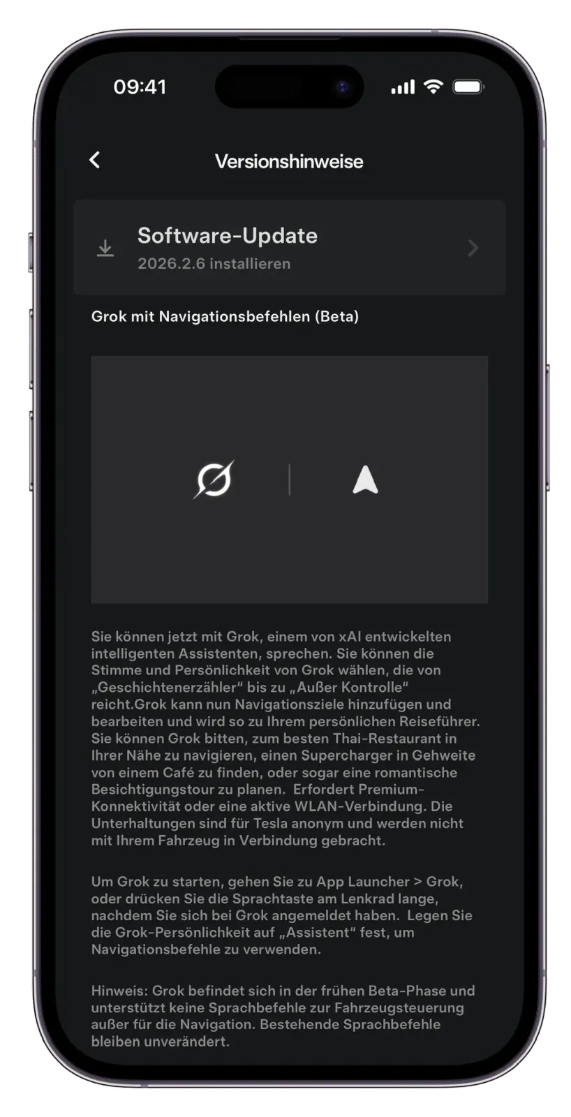 Der Screenshot zeigt ein Software-Update für eine App namens "Grok", einschließlich Navigationsbefehlen im Beta-Test. Es sind Optionen für Sprachsteuerung und deren Einstellungen sichtbar.