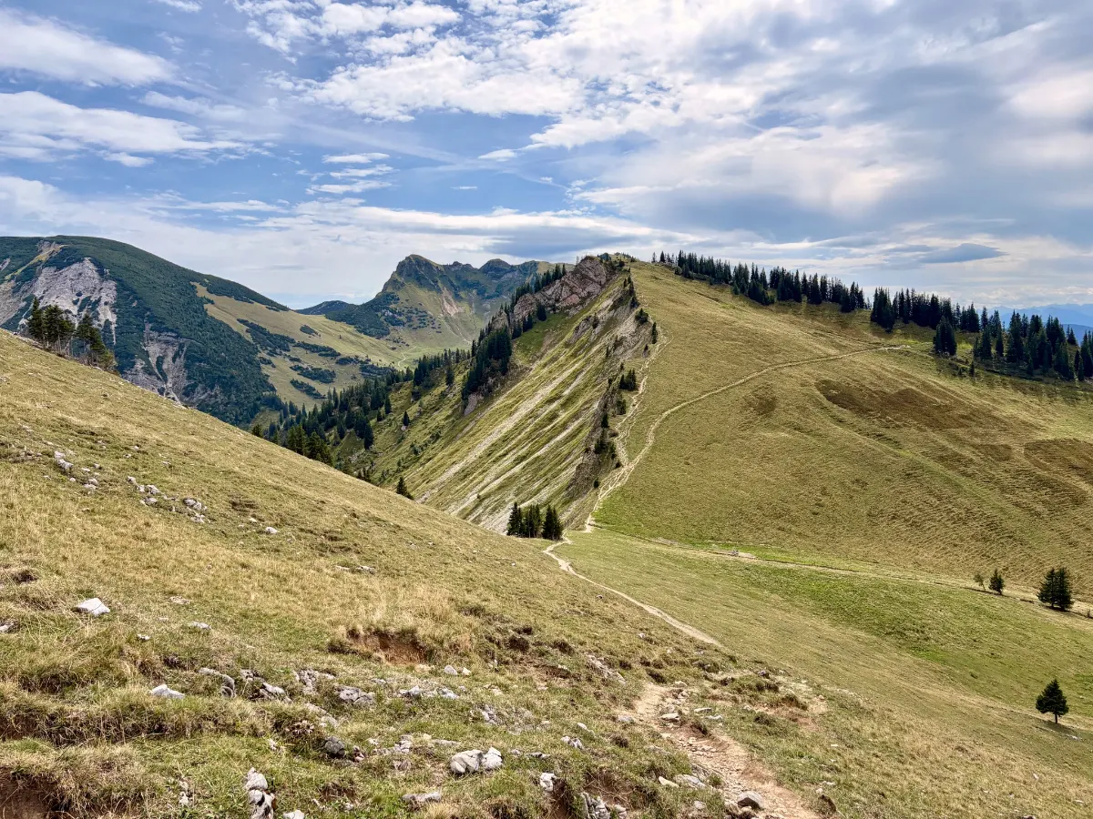 Grasiger Berggrat mit schmalem Wanderpfad, felsigen Hängen und bewaldeten Gipfeln unter wolkigem Himmel