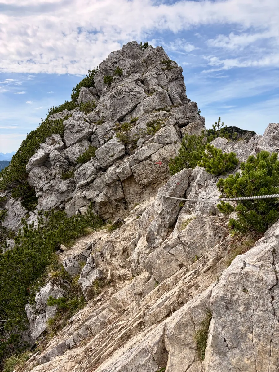 Felsiger Berggrat mit Drahtseilsicherung und Latschenkiefern unter bewölktem Himmel