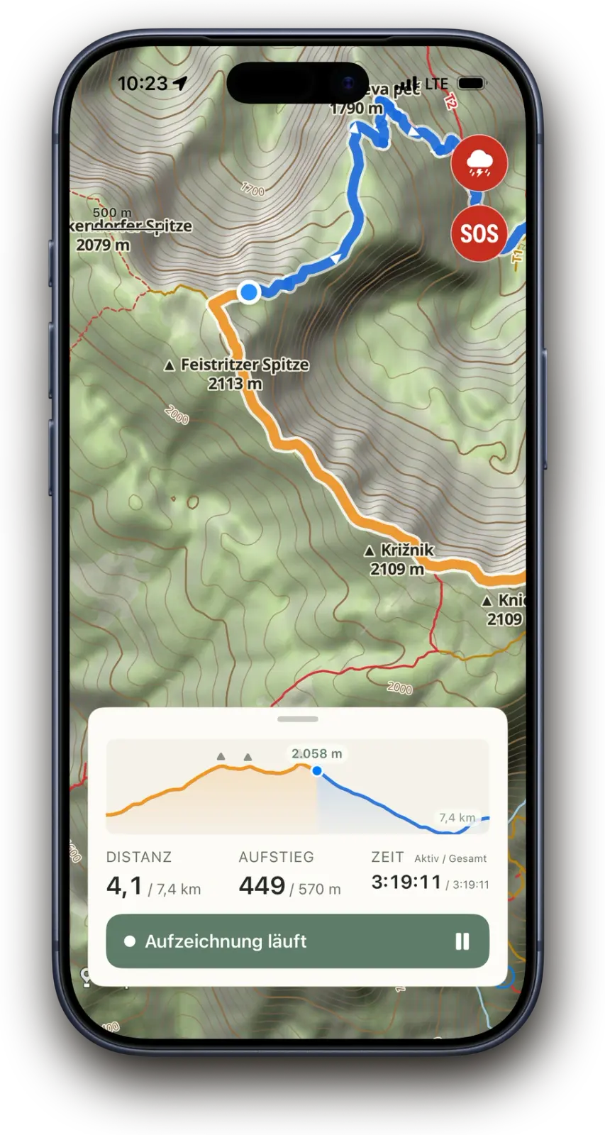Laufende Tourenaufzeichnung in Above auf einer topografischen Karte