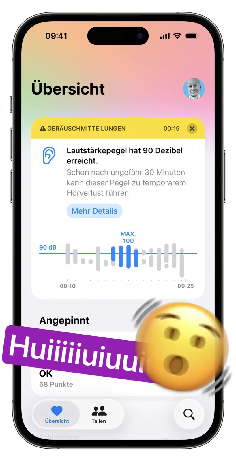 Ein Smartphone-Bildschirm zeigt eine Übersicht über Geräuschpegel mit einem Warnhinweis, dass 90 Dezibel erreicht wurden. Unterhalb des Warnhinweises befindet sich eine grafische Darstellung des Lautstärkepegels und eine große, neugierige Emoji-Reaktion.