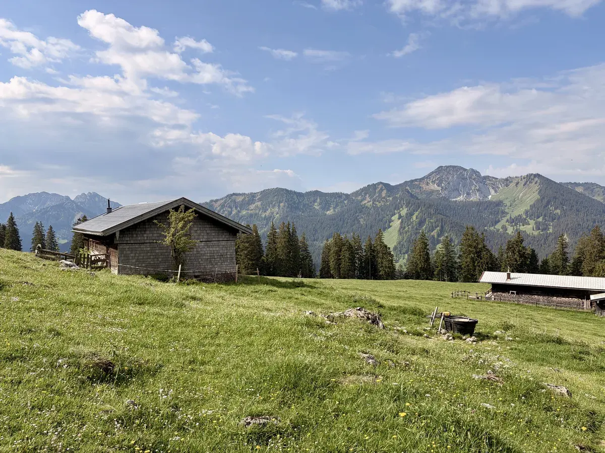Eine rustikale Hütte steht auf einer grünen Wiese, umgeben von Bergen und Tannenbäumen. Der Himmel ist teilweise bewölkt, und die Landschaft ist geprägt von einer idyllischen, natürlichen Umgebung.