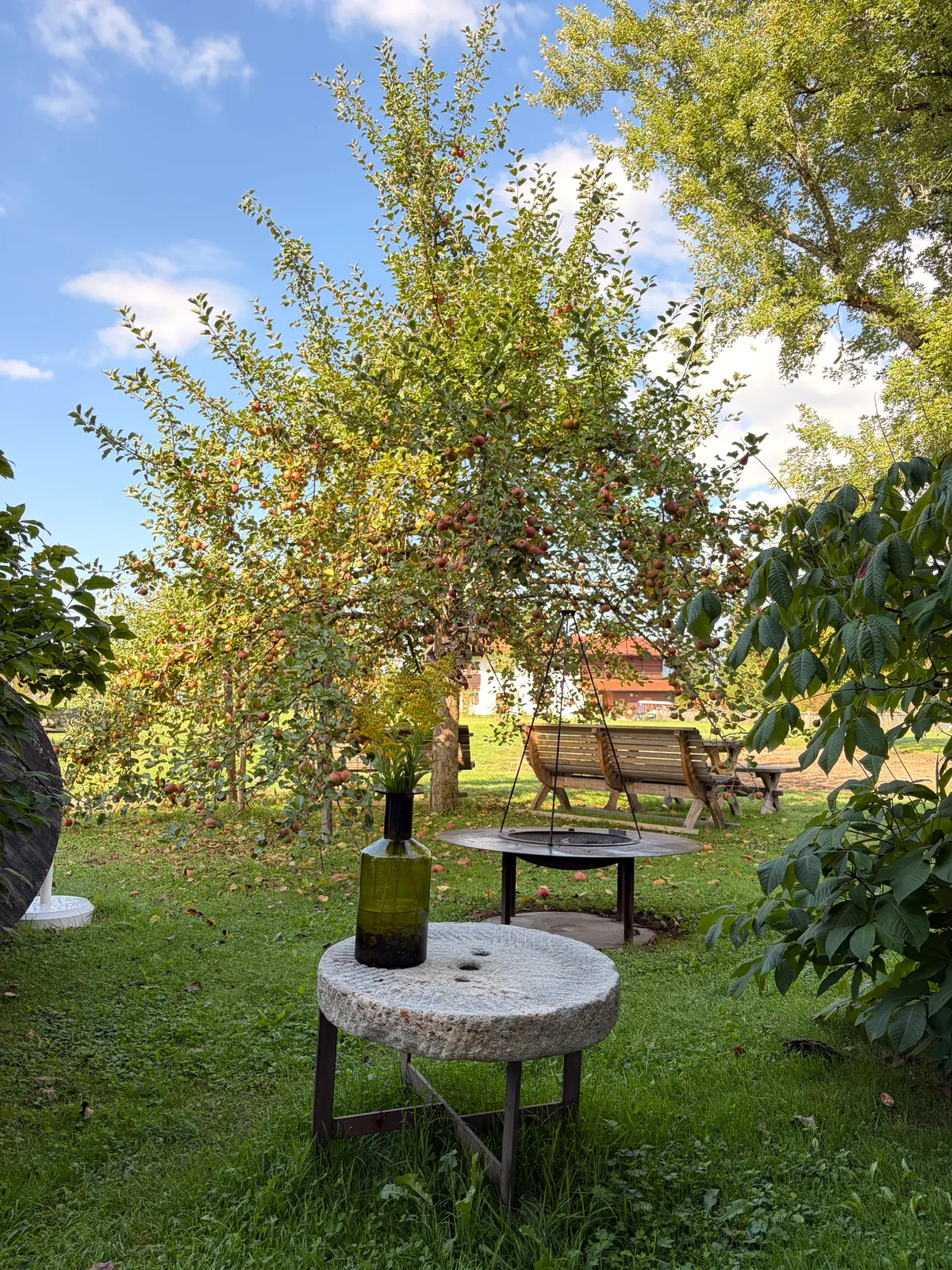 Garten vom Gut Steinbach mit Apfelbaum, runden Steintischen, Bank und Holzliege vor alpinen Gebäuden bei Sonnenschein