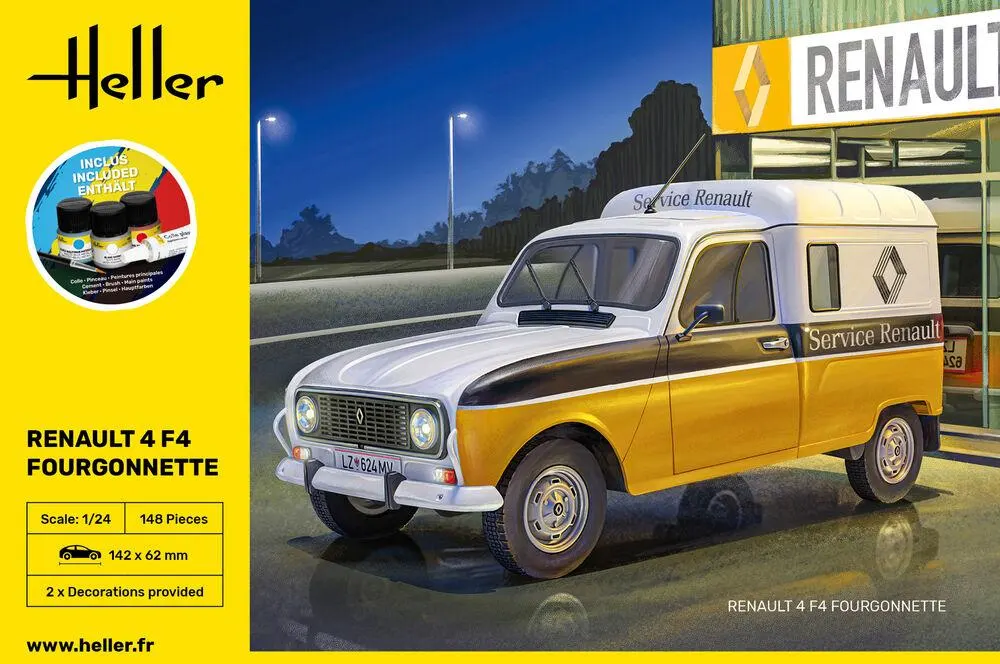 Modellbausatz-Cover von Heller: Renault 4 F4 Fourgonnette „Service Renault“ im Maßstab 1:24 vor einem Renault-Schild, gelber Verpackungsrand mit Logo und Produktangaben