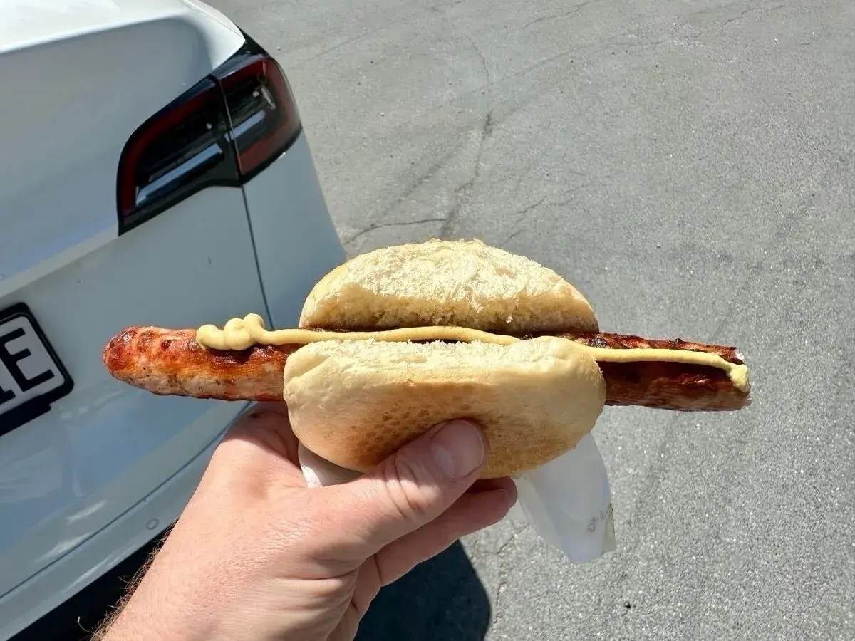 Eine Person hält ein Brötchen mit einer langen Bratwurst und Senf, im Hintergrund steht ein weißes Auto.