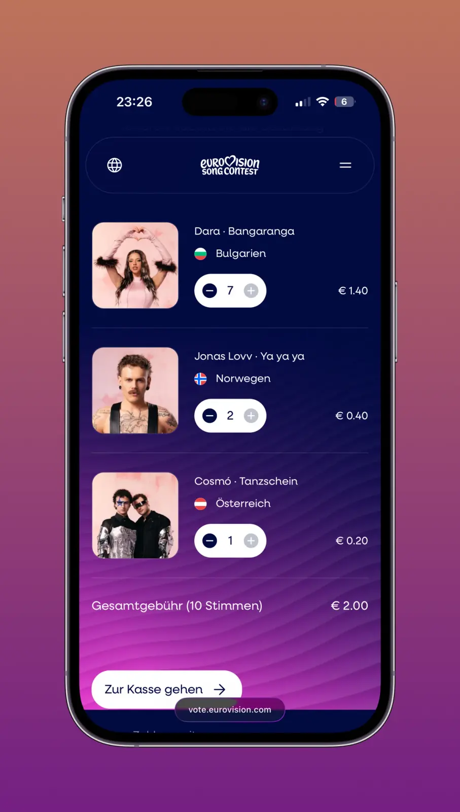Eine mobile Benutzeroberfläche für den Eurovision Song Contest zeigt drei Künstler mit ihren Songs: Dara mit 