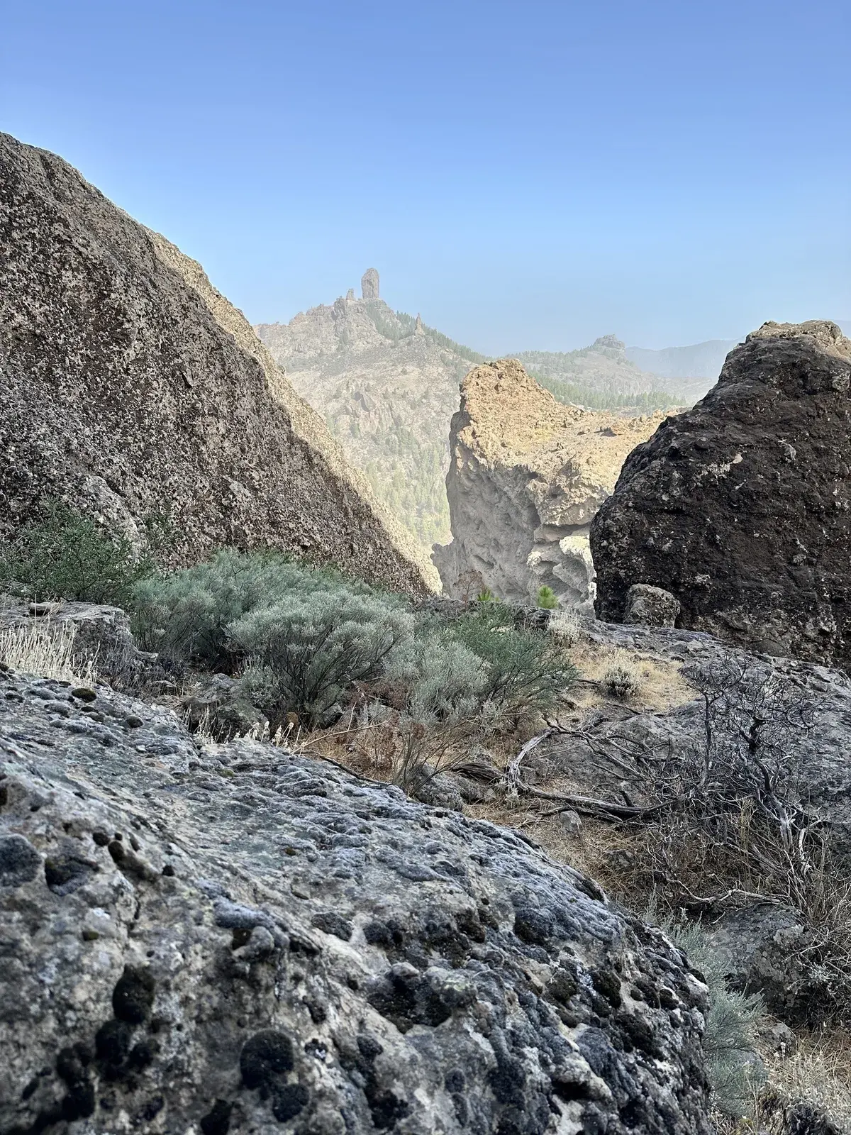 Eine felsige Landschaft mit trockener Vegetation umgeben von hohen Felsformationen und einem blauen Himmel im Hintergrund.