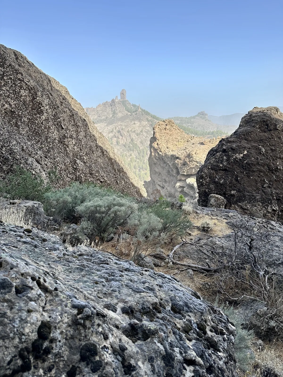 Eine felsige Landschaft mit trockener Vegetation umgeben von hohen Felsformationen und einem blauen Himmel im Hintergrund.