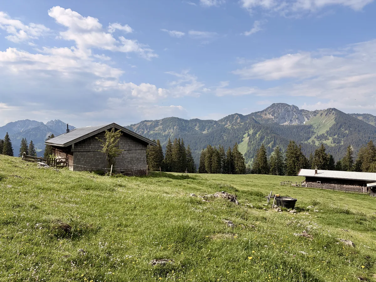 Eine rustikale Hütte steht auf einer grünen Wiese, umgeben von Bergen und Tannenbäumen. Der Himmel ist teilweise bewölkt, und die Landschaft ist geprägt von einer idyllischen, natürlichen Umgebung.
