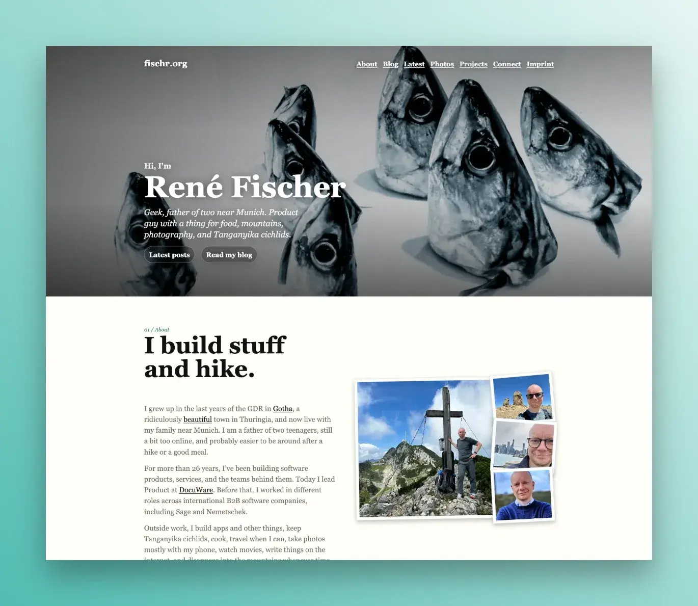 Screenshot der neu gestalteten Startseite von fischr.org mit großem René-Fischer-Profilbereich, Navigation, Fischköpfen im Header und darunter Text sowie kleine Porträt- und Wanderfotos.
