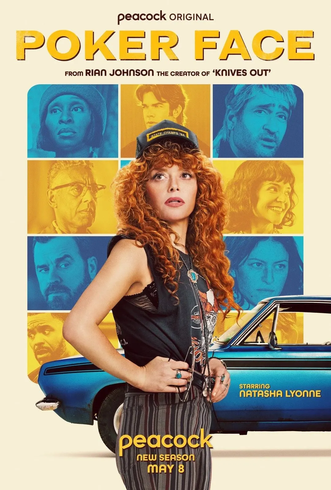 Poster zur Serie Poker Face: Eine Frau mit roten Locken steht vor einem blauen Auto, dahinter eine gelb-türkise Collage mit mehreren Gesichtern. Oben steht der große Titel Poker Face, unten der Streaming-Hinweis zu Peacock.